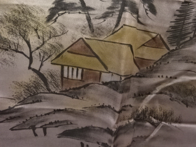 JAPANESE KIMONO / ANTIQUE MENS JUBAN / SILK / MT. FUJI & HOUSE